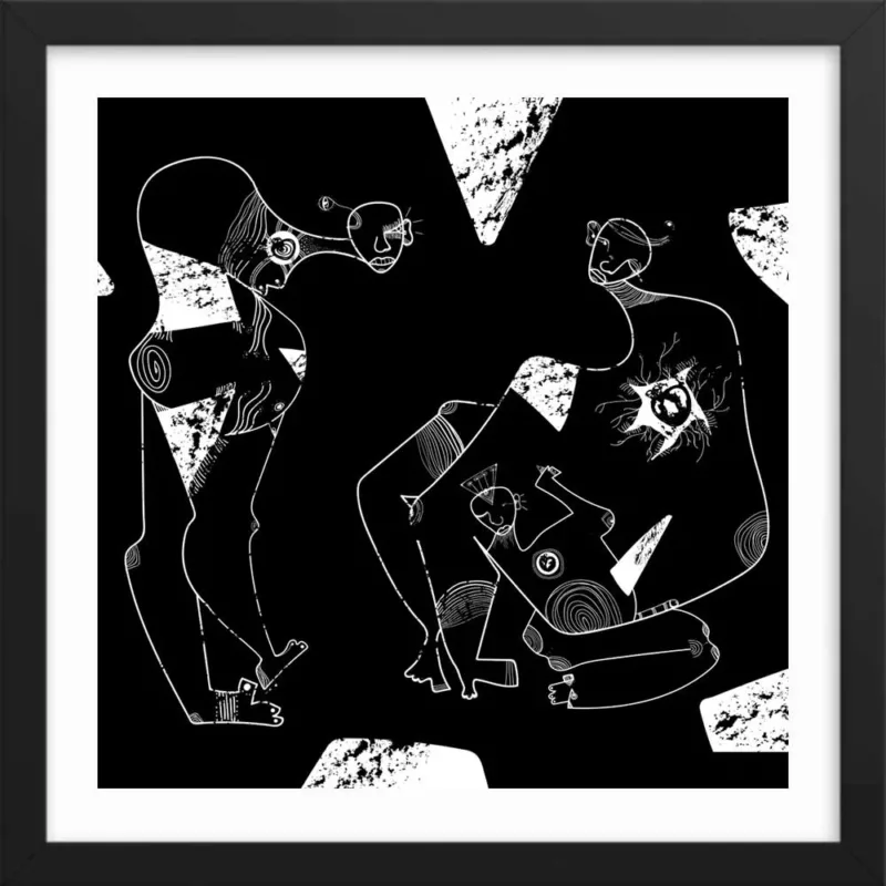 Un Padre y Sus Dos Hijos - Wall Art - Digital illustration - Framed Black
